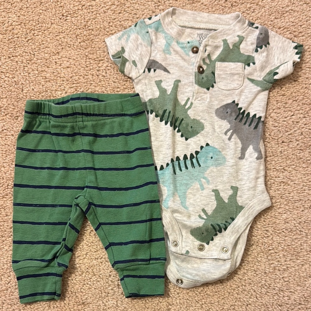 Dinosaur Print Onesie and Striped Pants Set